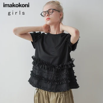 

imakokoni original design wild black lace T-shirt Japanese solid color was thin top summer women 203061