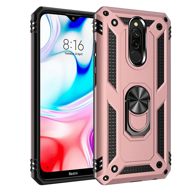 Rose gold Роскошный защитный противоударный чехол для xiaomi redmi 8, силиконовый чехол-бампер, Гибридный чехол для xiaomi redmi 8A redmi 8, металлическое кольцо - Цвет: Rose gold