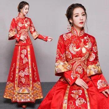 

China Vintage cheongsam red chinese style evening dress show clothing bride Wedding dress dragon gown costume kimono Outfit