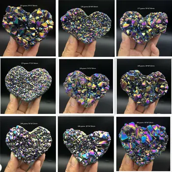 

1PC Rainbow Titanium Aura Amethyst Geode Cluster Quartz Crystal Hand Carved Heart Natural Stones and Minerals