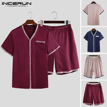 

INCERUN Pajamas Sets Men Short Sleeve Pyjamas Tops Shorts Patchwork Breathable Soft Sleepwear Sets Summer Homewear Plus Size