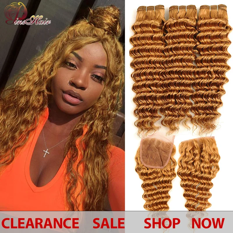  Peruvian Hair Deep Wave 3 Bundles With Closure Honey Blonde 27 Color Human Hair Bundles With Closur
