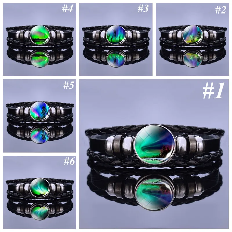 Черный кожаный браслет с изображением Северного света деревьев стеклянный