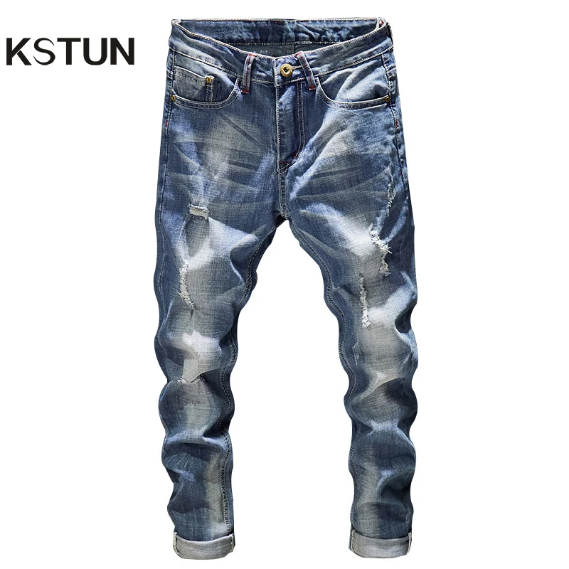 Ripped Jeans Pants Trousers Light Slim-Fit Streetwear Hip-Hop Blue Male Men Casual Fashion