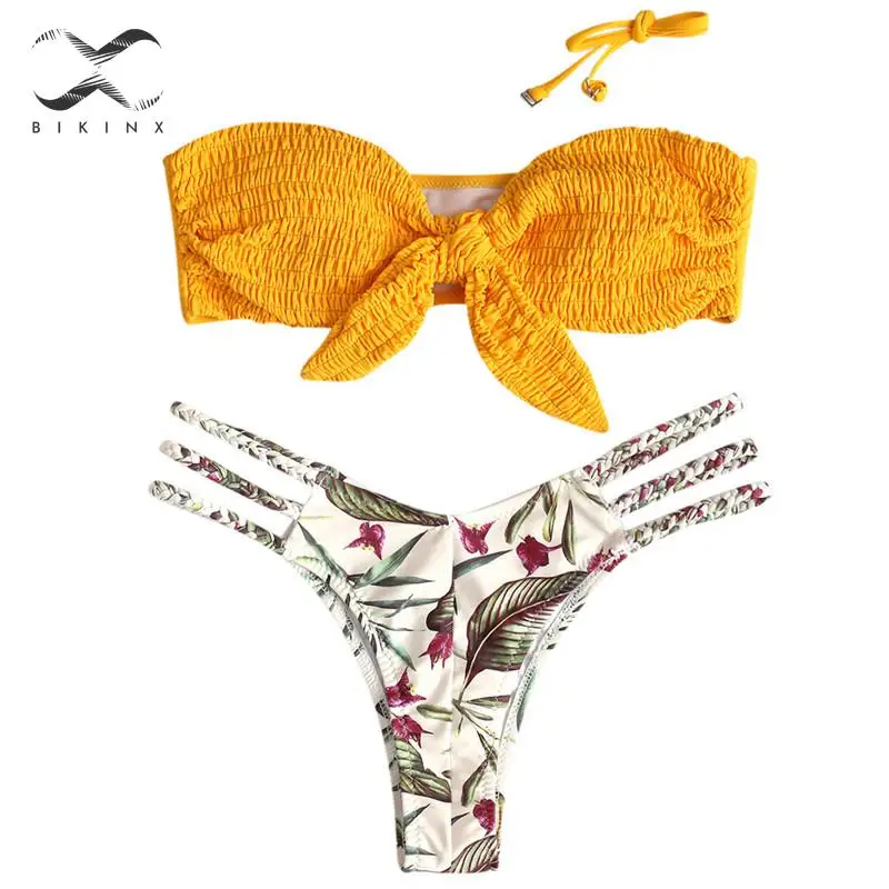 

Sexy bandeau bikini 2019 Hollow out swimsuit female Knot bathing suit Floral print bikini set Push up swimwear women biquini new
