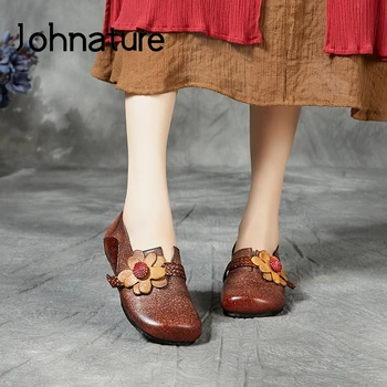 

Johnature Retro Women Shoes Flats Mixed Colors Genuine Leather 2020 New Spring Round Toe Shallow Casual Handmade Ladies Shoes