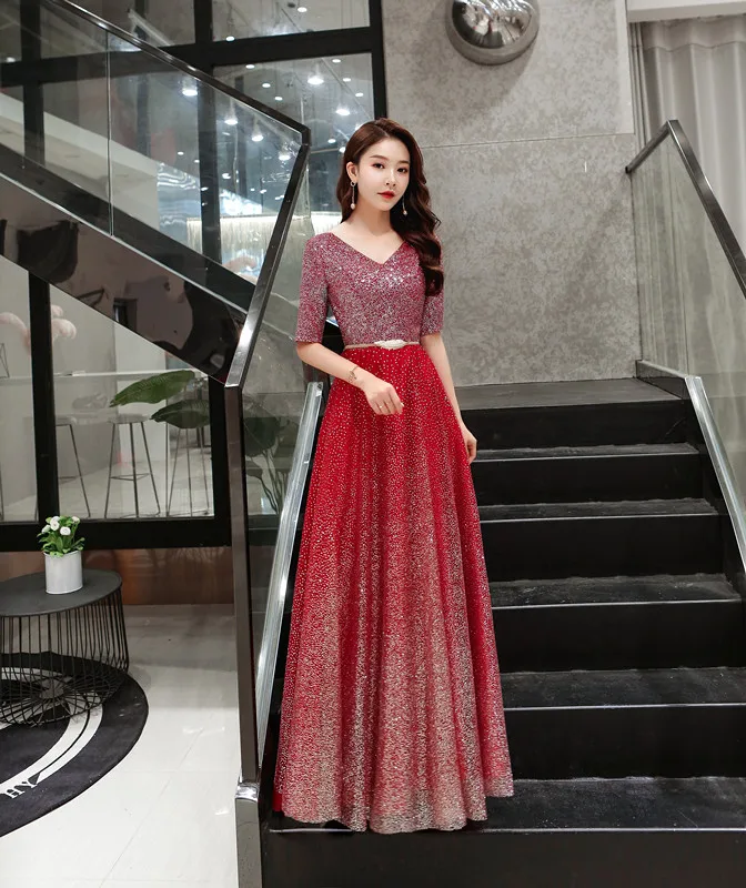 Robe de soiree, половина рукава, элегантное, тюль, плиссированное, модное, вечернее платье, v-образный вырез, пайетки, стразы, Формальное, для вечеринки, для выпускного вечера - Цвет: Wine Red