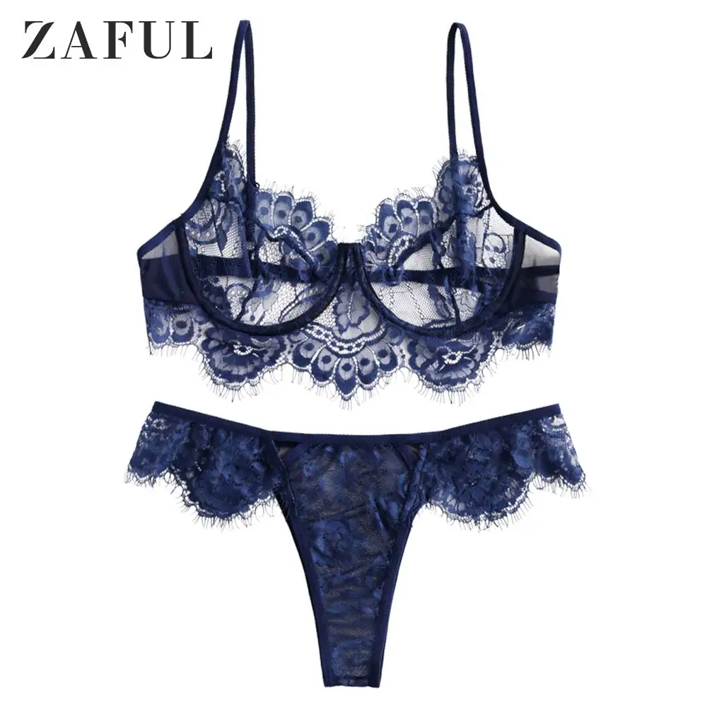 ZAFUL Lace Underwire Sheer Hollow Out Lingerie Set For Women Full Cup Back Closure Adjusted-Straps Female Sexy Set - Цвет: Navy Blue