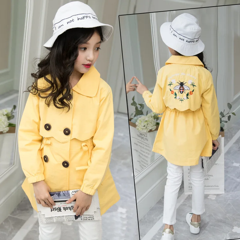 

Childrenswear 2019 Autumn New Style Girls Small Bee Waist Hugging Mid-length Trench Coat