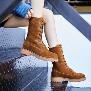 

Genuine Leather Winter motorcycle boots Plush fur warm Women's snow boots Mid Calf boots New product women's shoes 2020