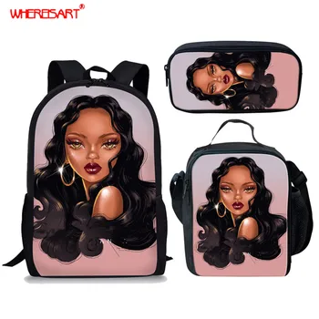 

WHEREISART 3Pcs/Set School Bags for Children Black Girls Magic African School Shoulder Bag Sets Kids Teenagers Book Bags Satchel