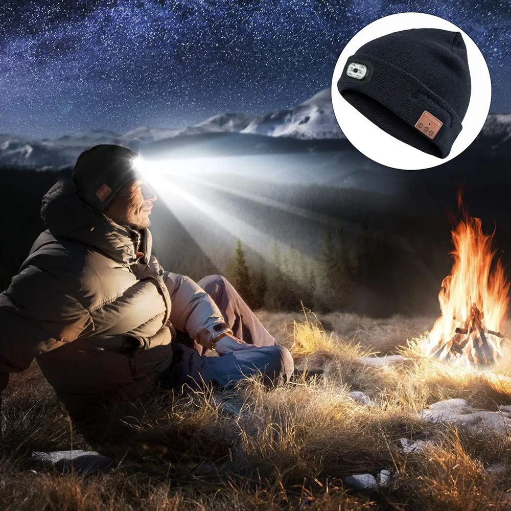 Беспроводная Bluetooth Шапка-бини с светодиодный налобный фонарь USB унисекс музыкальная Кепка для бега катания на лыжах Пешие прогулки Кемпинг циклингунтинг шляпа