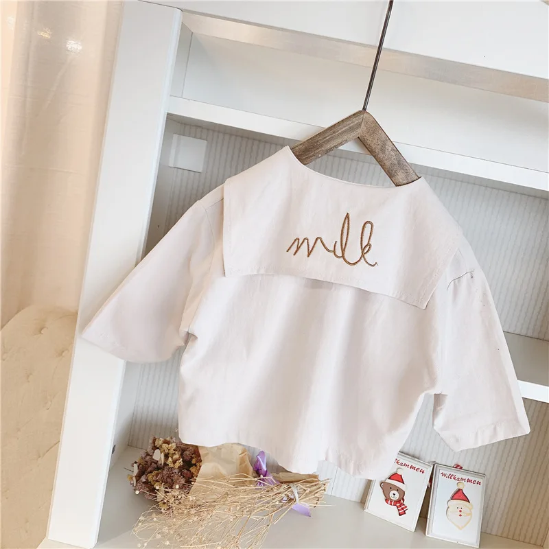 Spring And Autumn Childrenswear New Style Girls Korean-style Embroidered Large Lapel Autumn Clothing Shirt 19017