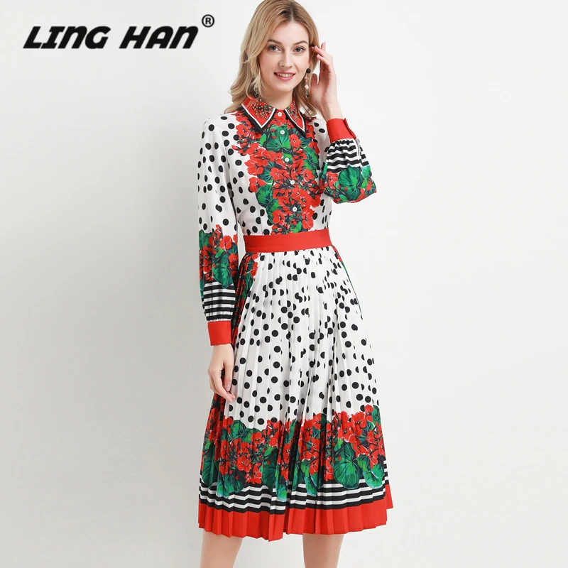 LINGHAN элегантные Платье с цветочным принтом Для женщин Модный вышитый бусинами жакет отложной воротник плиссированные вечерние платья дизайнерские сезон: весна–лето
