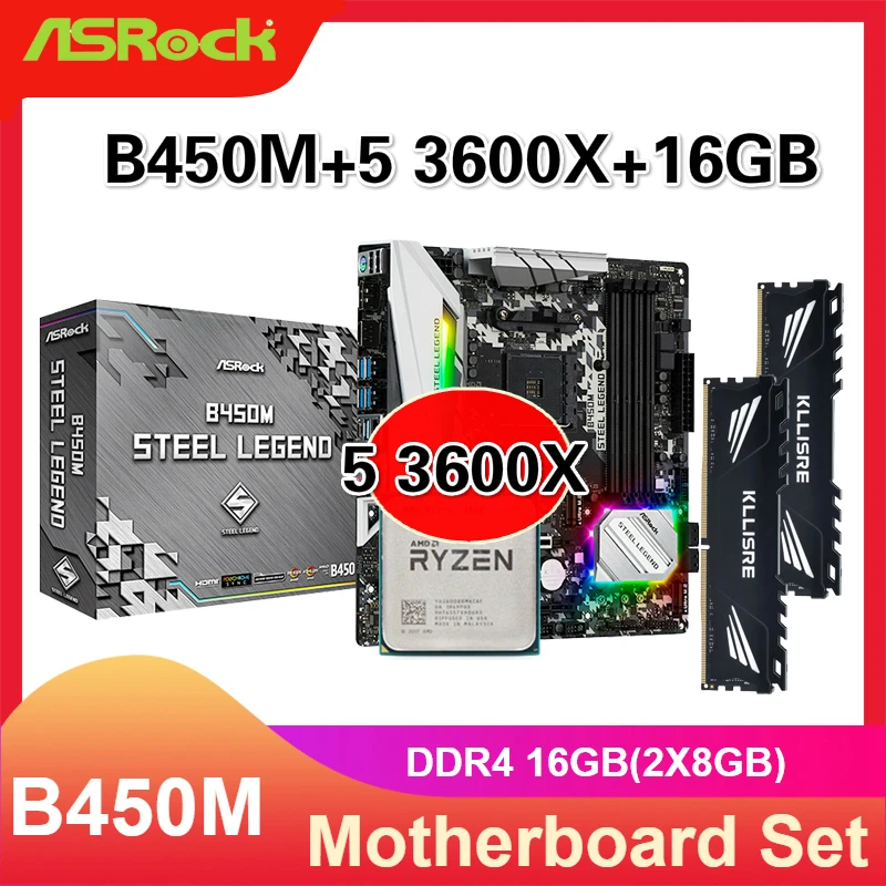 Комплект материнской платы Asrock B450M B450 с процессором Ryzen 5 3600X AM4 2 шт. X 8 ГБ = 16 2666 МГц