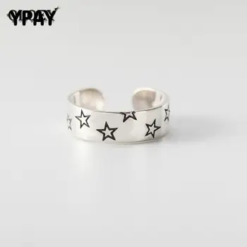

YPAY 100% Real 925 Sterling Silver Stackable Ring for Women Vintage Stars Design Open Adjustable Rings Fine Jewelry Gift YMR397