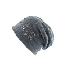 Модная зимняя женская шапка с жемчугом, одноцветная шапка со стразами и черепами, Женская Осенняя шапочка-бини, мягкие теплые хлопковые шапки для женщин