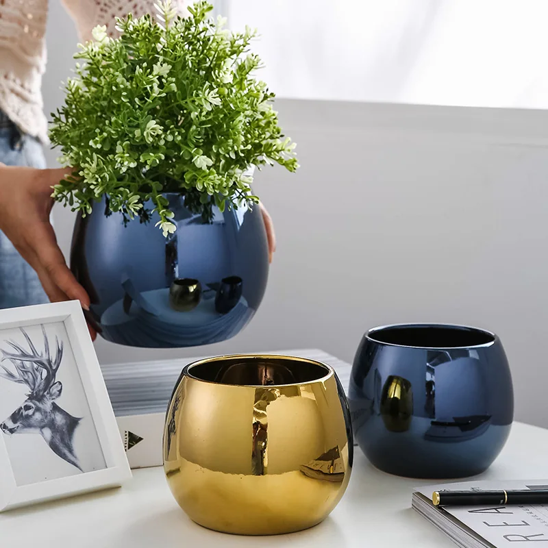 Beautiful round spherical golden blue fashion indoor small flower pot Company shop home decoration ceramic plant pots | Дом и сад