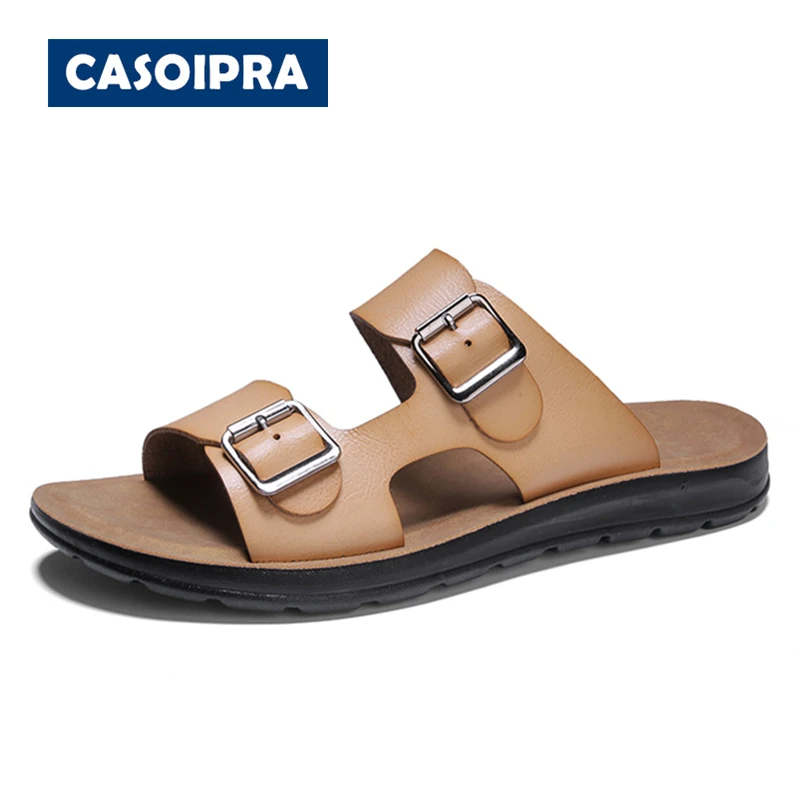 

CASOIPRA Fashion Buckle Men's Sandals Summer Beach Slippers Leather Slides Tongs Homme Mens Flip Flops