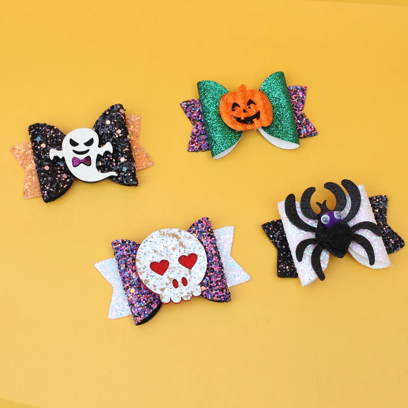 

4 Pcs/lots 3" Glitter Halloween Hair Clips for Girls Cartoon Ghost/Pumpkin Hair Bows Hairgrips Party Gifts Kids Hair Accessories