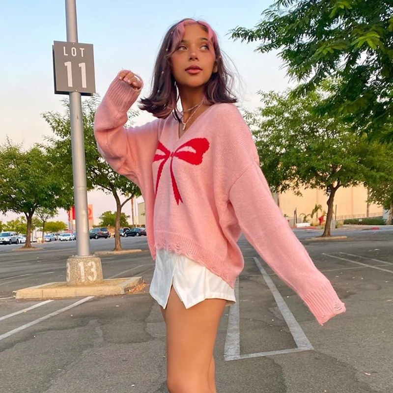 2020 Pink Sweat Cute Knitted Pullover Tops Women Autumn Winter Bow Print V Neck Loose Warm Sweaters Korean Fashion Clothes | Женская