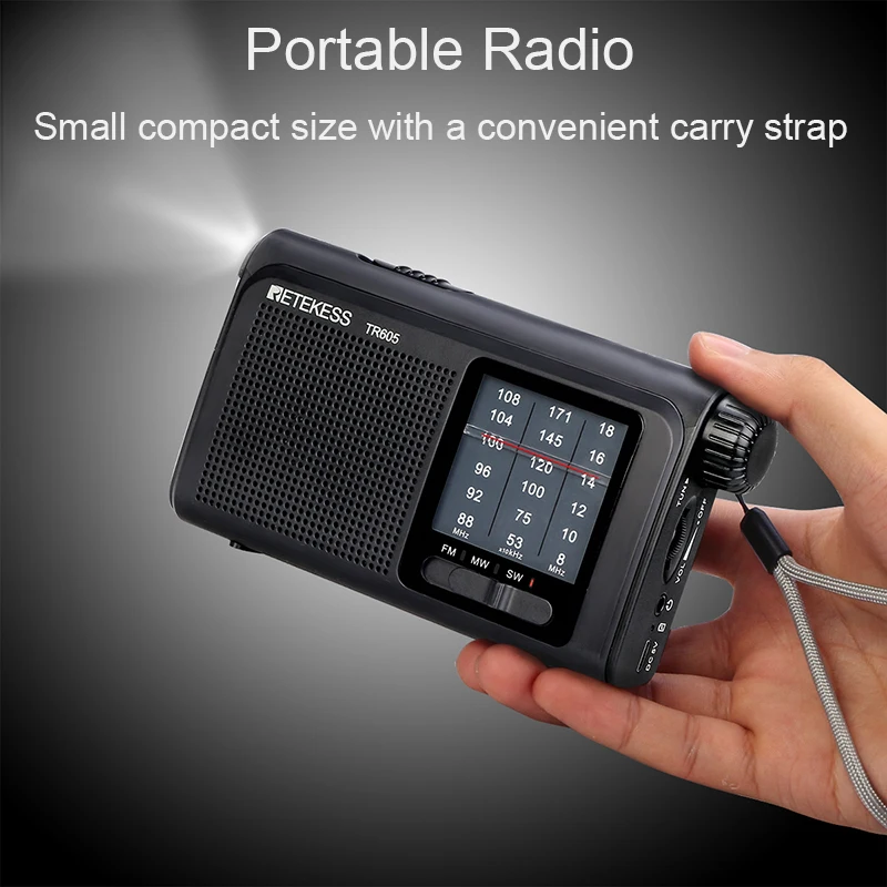 Retekess TR605 3 полосы FM/MW/SW портативный радио с перезаряжаемой батареей супер яркий светодиодный фонарик для аварийного освещения