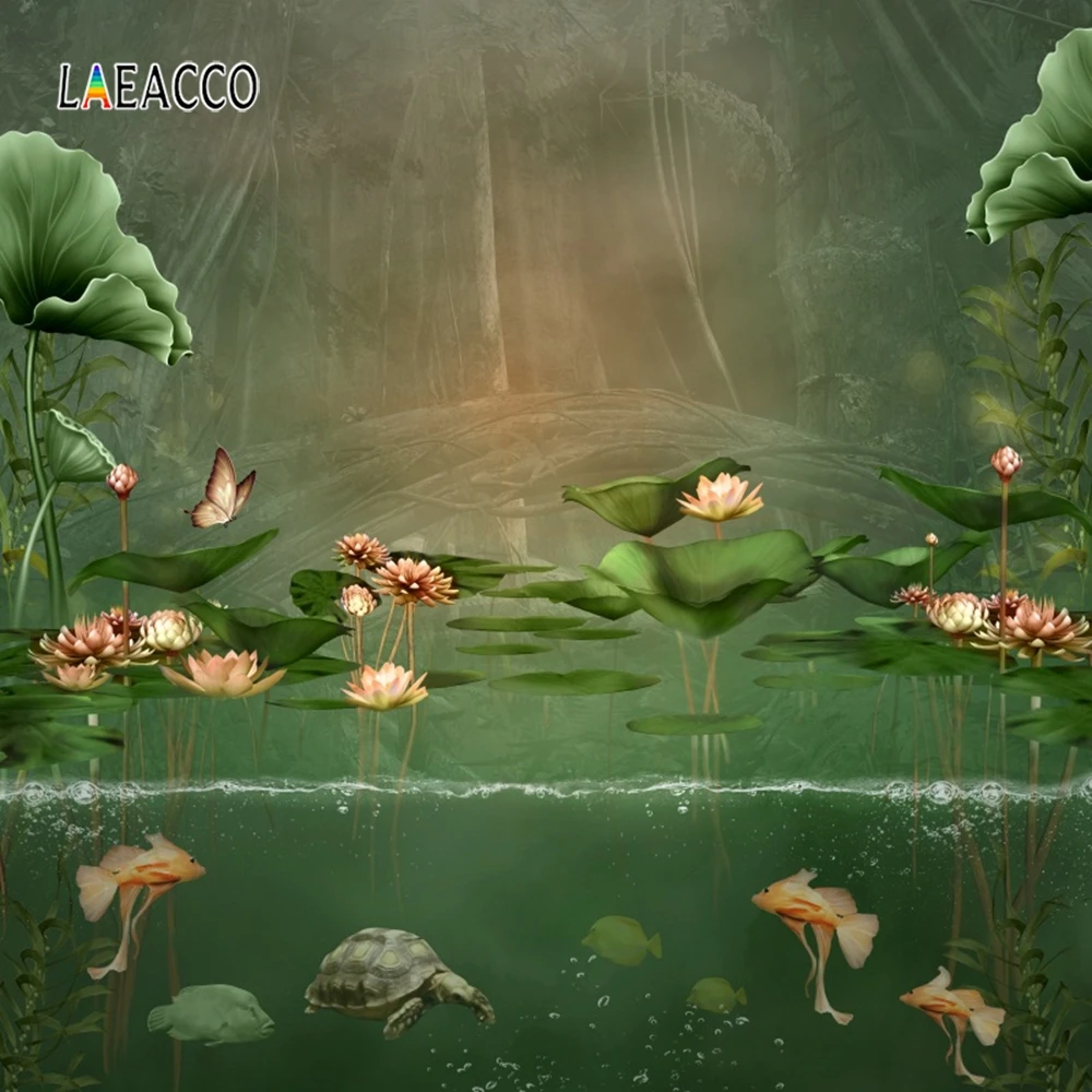 Laeacco Summer Pond Photophone Lotus Leaves Fishes Photography Backdrops Baby Birthday Photo Backgrounds Newborn Photozone Props |