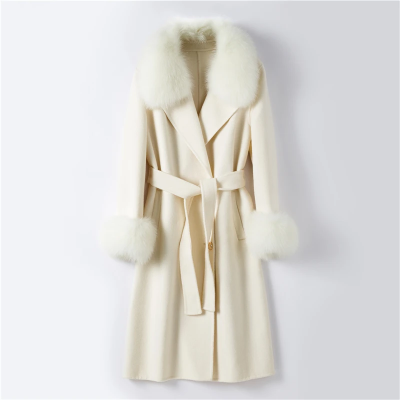 PUDI Женское зимнее пальто из натуральной шерсти, женское элегантное пальто с воротником из лисьего меха, пиджак с манжетами, Женское пальто с поясом, TX205601