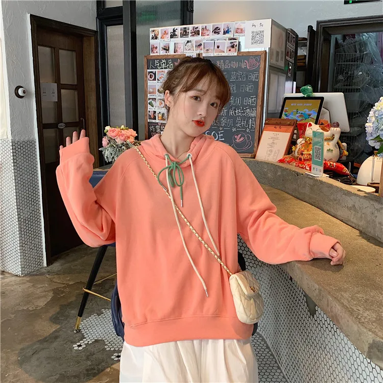 Новая Осенняя свежая Толстовка Harajuku для девочек, женские повседневные однотонные милые Стильные Свободные толстовки с двойным шнурком, студенческий шикарный топ