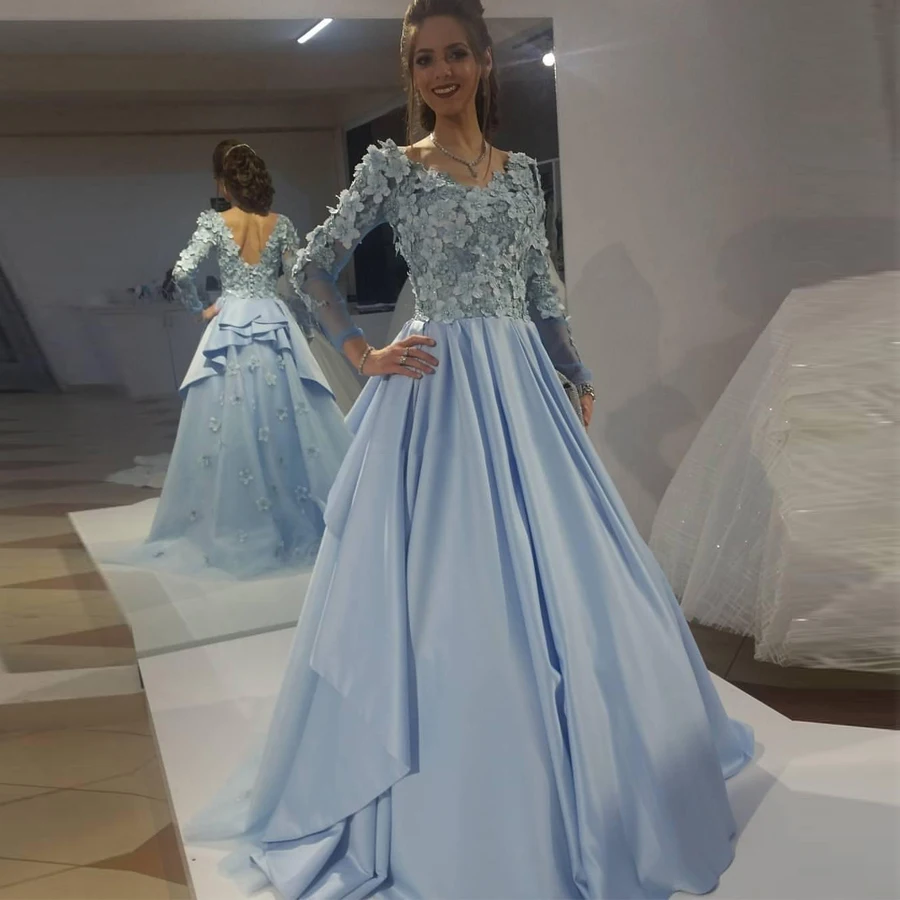 

Потрясающие синие вечерние платья, блестящее платье с 3d цветочной аппликацией и длинными рукавами, платье для выпускного вечера с низкой спиной, арабские вечерние платья