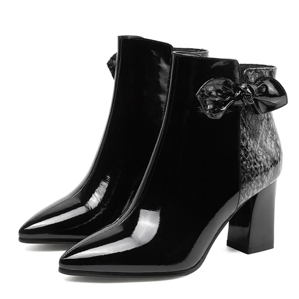 

Women's Side Zip Snake Pattern Bow Boots Square Heel High Casual Bare Booties