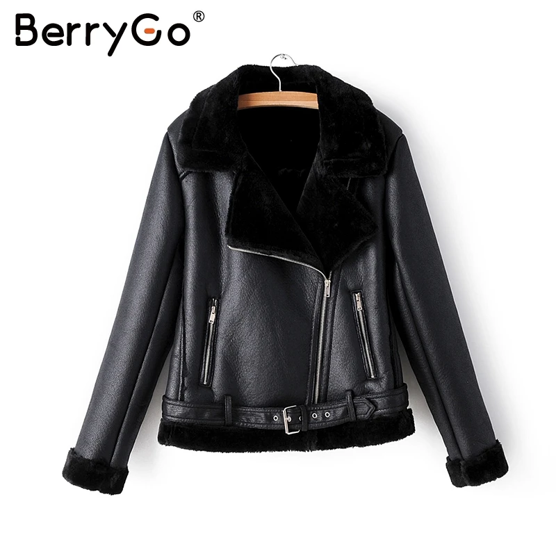 BerryGo, осенне-зимняя меховая куртка из искусственной кожи, Женская винтажная куртка на молнии с поясом, женское теплое пальто, Повседневная плотная верхняя одежда, Женское пальто