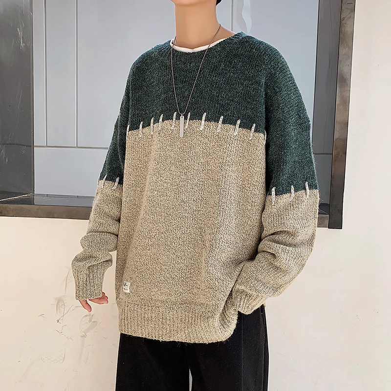 

Winter Thick Sweater Men Warm Fashion Contrast Color Casual Knit Sweater Man Sweter Clothes Loose Long-sleeved Pullover Men