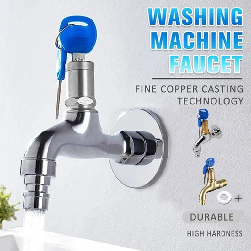 

Hot Water Tap with Lock Key Anti-theft Single Hole Metal Washing Machine Faucet for Home D6
