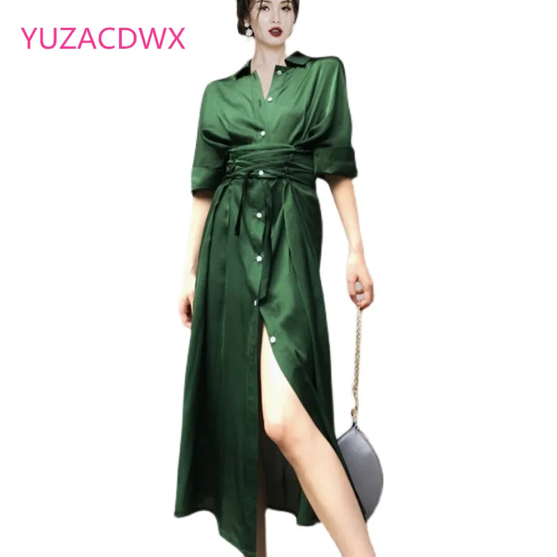 

YUZACDWX Vintage Long Dress Ladies Elegant Artificial silk Dress Large Size Slim Vestidos Clothes Women 2021 Fall