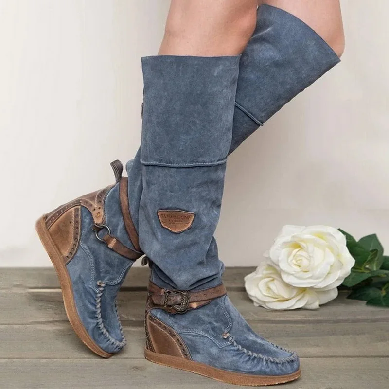 SHUJIN; женские ботинки; коллекция года; сезон осень-зима; модные женские ботинки на плоской подошве; обувь выше колена; теплые джинсовые высокие сапоги