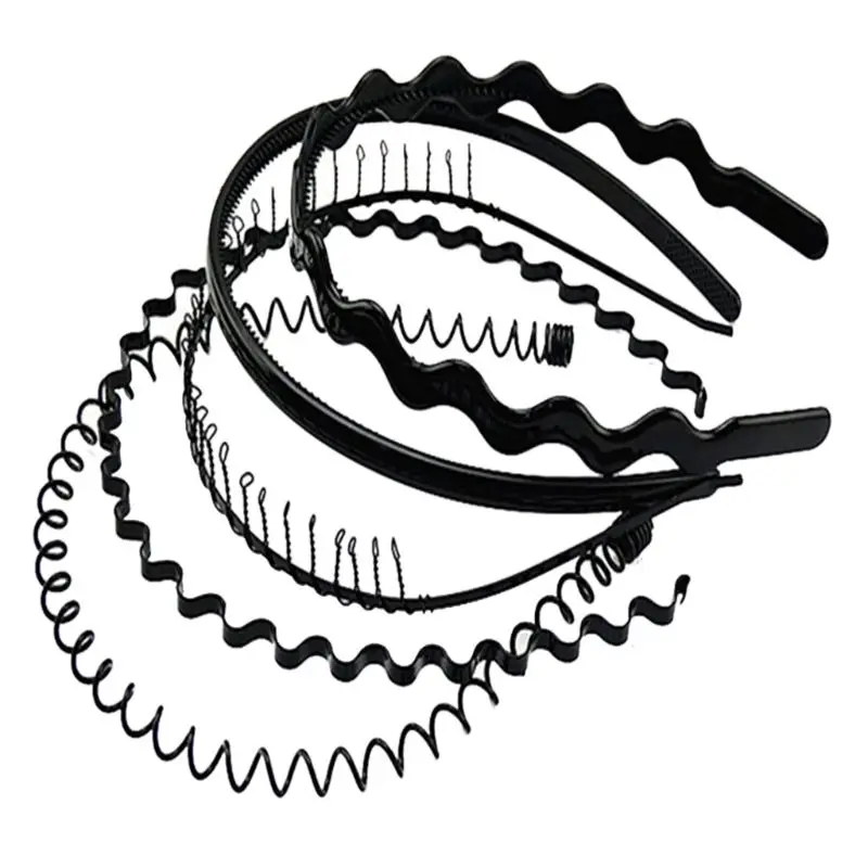 5Pcs Unisex Simple Black Metal Plastic Hair Hoop Spring Wavy Wash Face Headband |