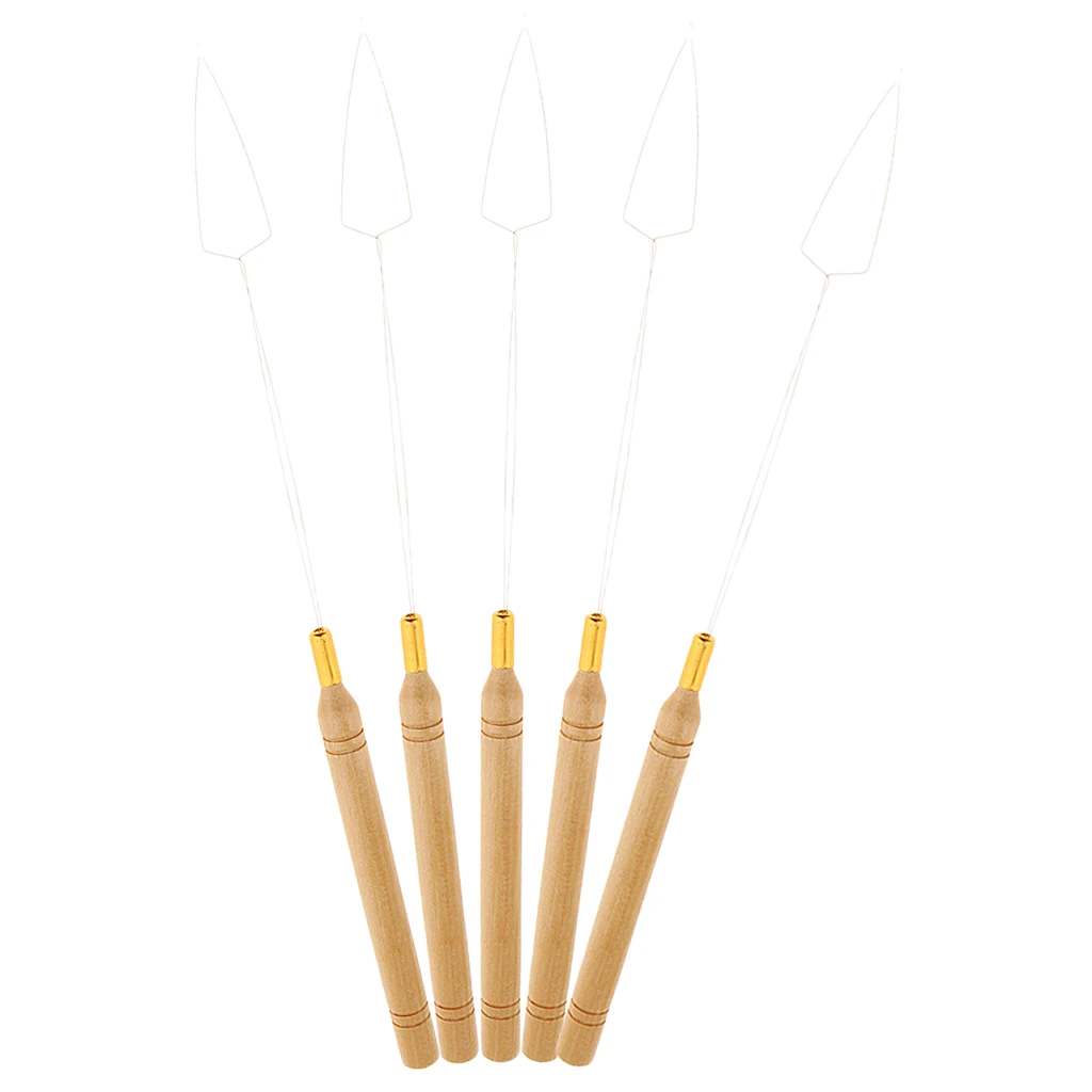 5Pcs Wooden Handle Pulling Loop Needles Kit Hair Extension Micro Beads Tools
