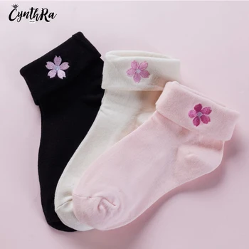 

CYNTHRA Socks Woman Top Cute Japanese Flanging Embroidery Cherry Medium Tube Female Student kawaii Harajuku 2 Pairs Socks