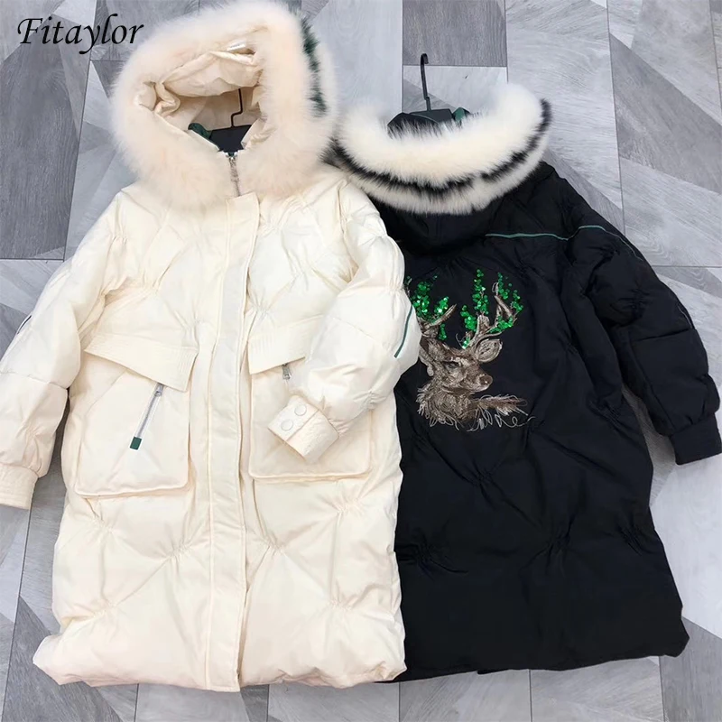 

Fitaylor Large Natural Fur Deer Embroidery White Duck Down Long Parkas Winter Casual Loose Thick Snow Warm Coat Female Outwear