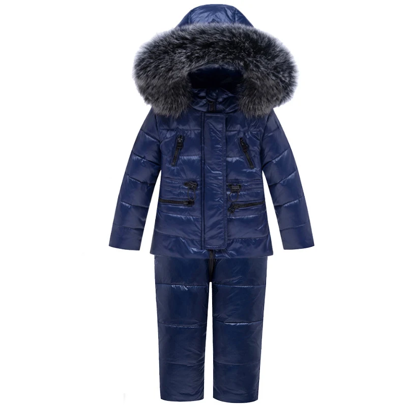 

-30 Degrees Winter Children Down Snowsuit Set Baby Boys Fur Collar Hooded Jackets Overall 2pcs Clothes Set Kids Down Ski Clothes
