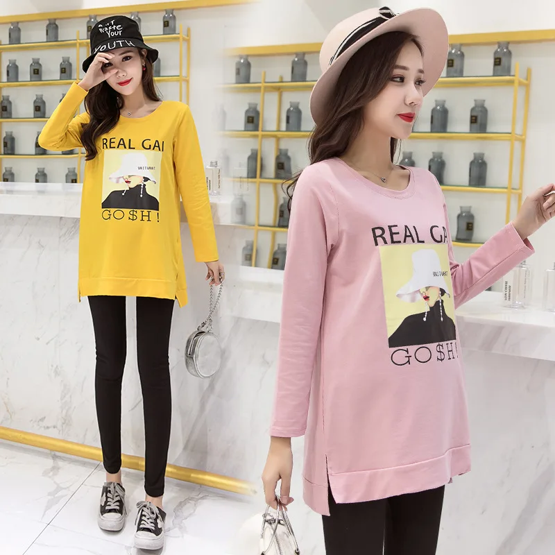

2019 Spring And Autumn New Style Pregnant Women Fashion Mid-length Large Size Loose-Fit Printed Cotton Blend T-shirt Tops