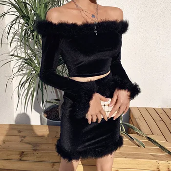 

YYXZ Woman Sets Fashion Slim Sexy Solid Velvet Fur Long Sleeve SML Slash Neck Woman Casual Short T-shirt & Mini Sheath Skirt