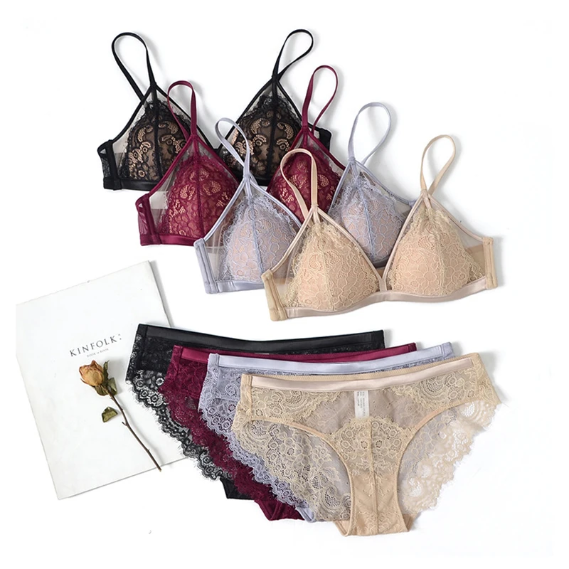 Reggiseno a triangolo in pizzo con ciglia sexy Set patchwork in rete Reggiseno a seno piccolo senza fili leggermente foderato Intimo da donna_voghion.com