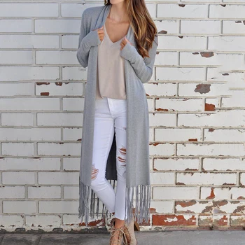

Women Spring New Knitted Coat Solid Color Long Coat Cloak Tassel Long Sleeve Knit Cardigan Coat Women Shirt