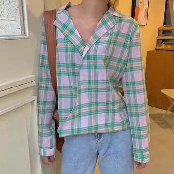 

Alien Kitty Color-Hit Plaid Chic Fashion Skew Collar Retro 2020 Hot Streetwear Geometric Chic Gentle All Match Women Blouses