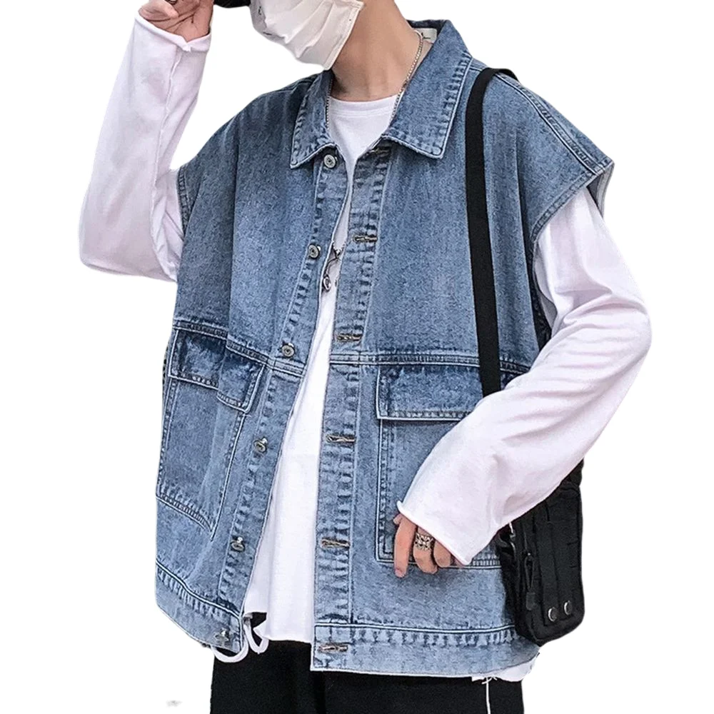 

Men Jean Jacket Men's Denim Vest Hip Hop Jean Coats Waistcoat Men Cowboy Sleeveless Jacket Male Tank Loose