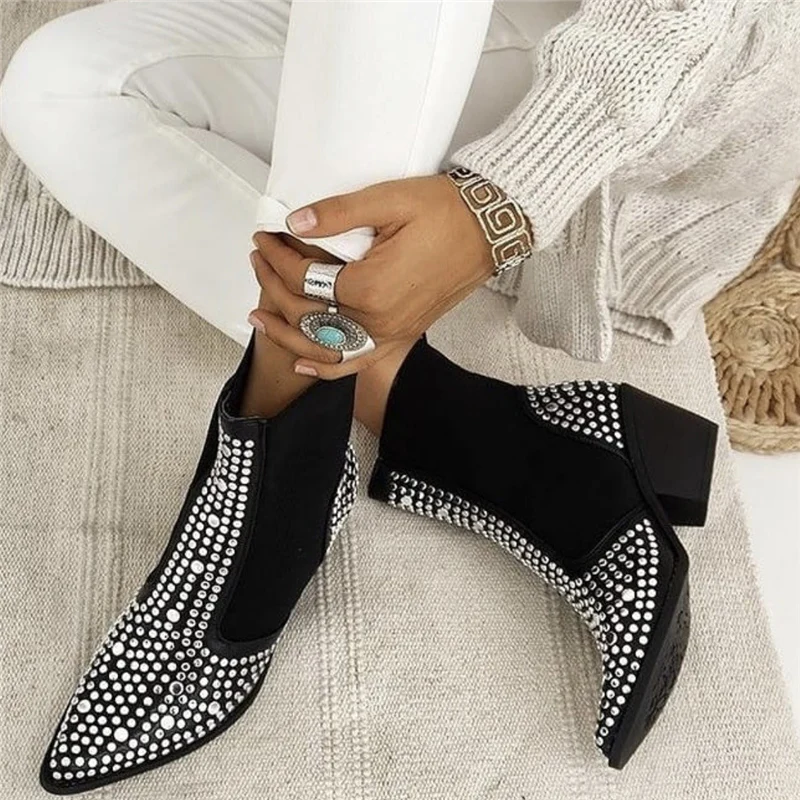 Square Heels Classic Fashion Rivets Elastic Ankle Boots Shoes Women Chelsea Boots platform boots,winter boots,ankle boots,women high heeled boots