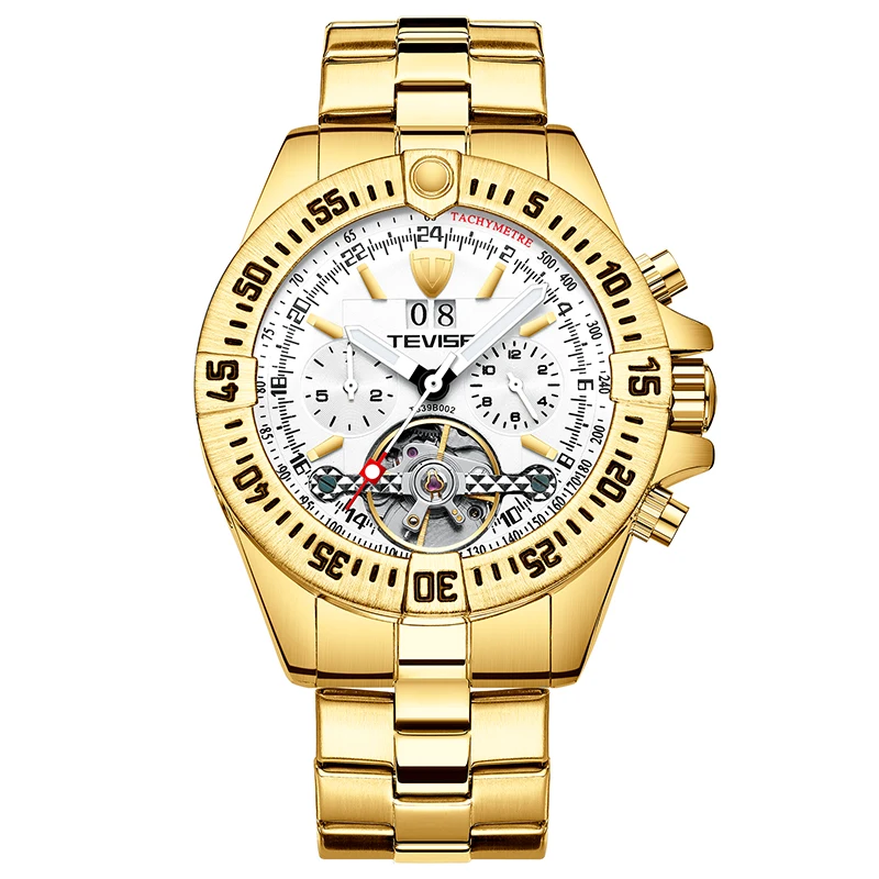 TEVISE Мужские механические часы с турбийоном, светящиеся автоматические часы, мужские деловые водонепроницаемые часы, Relogio Masculino - Цвет: gold white