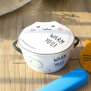 

Household Ceramics Lunch Box Round Anti-slip Instant Noodles Lunch Box Bowl Cute Cartoon Pattern With Cover Lunch Box